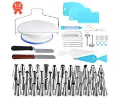 NEXGADGET 102 Teiliges Spritztüllen Set, Torten Dekoration Set mit 48 Edelstahldüsen, Spritzbeutel, Blumennägel, Koppler, Einweg-Spritzbeutel usw. Modellierwerkzeug für Torten Deko Backzubehör