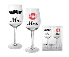 Out of the blue Weinglas mit Kussmund & Schnurrbartdekor | Mr und Mrs, circa 430 ml, Höhe 22,5 cm | 2-er Set in PVC-Box |