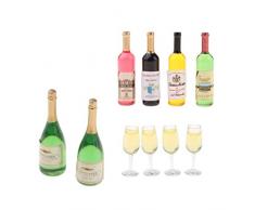 P Prettyia 10 TLG. Miniatur Wein Flaschen und Weinglas Set, Weinflaschen Glasflaschen für 1:12 Puppenhaus