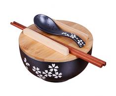ZY&DD Japaner Stil Keramikschale,Schwarz Ramen Suppenschüssel,ESS-stäbchen Mit Deckel Retro Geschirr,Handgezeichnete Salatschüssel-schwarz 16cm(6inch)