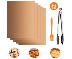 SANBLOGAN Grillmatte,BBQ Grillmatte für gasgrill,Antihaft Grill-und Backmatte,5 Stück Grillmatten,Pflegeleicht und Wiederverwendbar,für Gasgrill Holzkohle Elektrogrill,1 Grillbürste,9 Grillzange