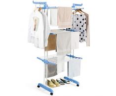 COSTWAY Wäscheständer faltbar, Wäschetrockner rollbar, Standtrockner Kleiderständer mit Faltregalen, Schuhablage, schwenkbaren Haken (blau)