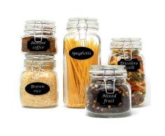 Set von 5 Clip Top Glass Storage Einkochgläser | 10 wiederverwendbare Aufkleber & Chalk Pen | Assorted Sammlung von luftdichten Vintage Trockenfutterbehälter | M&W