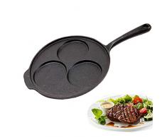 MAI&BAO Spezialpfanne für Spiegeleier 20cm Gusseisen, 3/4 Gitter, Antihaft Beschichtung, Pfannkuchen-Omelettpfanne, Speiseöl sparen, schwarz,B