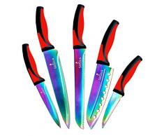 Küchen Messer Set | 5 Elegante Messer, Küchenchef Qualität, Premium SS Klingen mit ergonomischen Griffen, Rainbow Effekte mit Titan Beschichtung, Ummantelung, Perfekt für Zuhause & Pro (Rot-Schwarz)