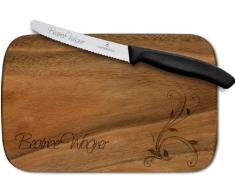 Frühstücksset mit Wunschgravur, Victorinox Brötchenmesser (schwarz) + Akazienholzbrett (Ranke)