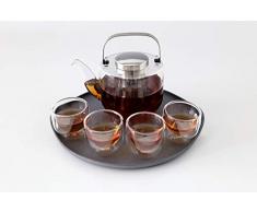 VIVA scandinavia Tee-Set Glas: Teekanne mit Siebeinsatz, 4 kleine Tee-Tassen aus Borosilikat Glas und Serviertablett grau, Geschirrspüler-geeignet, Tropffrei, 0.75 Liter