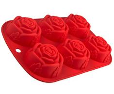 Silikonform mit Rosen, 6 Blumen, Backform für Muffins, Brownies, Cupcake, riesige Eiswürfel, Bowle, Valentinstag, Liebe, Hochzeit, Kuchen, Pudding, Schokolade, Seife, Farbe: Rot