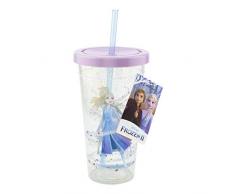 Disney Frozen II Trinkbecher mit Trinkhalm und Deckel transparent, bedruckt, mit rosa Deckel, Fassungsvermögen ca. 700 ml.