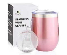 Sivaphe Weinglas Rotwein Kaffeebecher Edelstahl Trinkbecher Camping Travel Mug Doppelwandigen ohne Stiel Isolierte mit 2 Deckeln Rosa Gold 350ML MEHRWEG