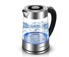 Glas Wasserkocher, 1,8L Elektrischer Glas Wasserkessel mit Blauem LED Licht, BPA-Frei Schnellheizender, Automatischer Abschaltung & Boil Dry Schutz, Edelstahl Innendeckel & Boden