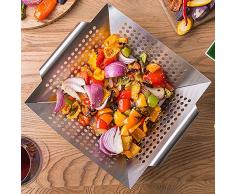 GrillKorb, RUN ANT Gemüsekorb aus Edelstahl Großer Rost Korb Grillschale Grillpfanne Grillzubehör für Gemüse, Fleisch, Fisch, Garnelen, Obst, einfache Reinigung in der Spülmaschine 34 x 29,5 x 6,3 cm