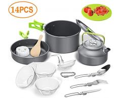BOBOH Camping Kochgeschirr Set 14-TLG Camping Kochtopf Set aus Edelstah Kochausrüstung für Outdoor Wandern Picknick, Topf & Pfanne aus Aluminium und Edelstahl, für 2-3 Personen (mit EIN Geschenk)