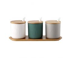 OnePine 3er Set DREI Farben Keramik Gewürzdosen Zuckerdose Keramik Zucker Schüssel mit Löffel und Bambus Deckel für Tee Zucker Salz Gewürze Bei Zuhause und Küche