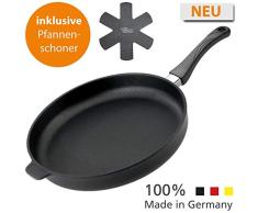 Eurolux Premium Brat-Pfanne, 32 cm Durchmesser, 5 cm hoch, aus Aluminium-Guss – Made in Germany, Induktionspfanne mit Stiel-Griff und extra Pfannenschoner, für Induktion geeignet, schwarz, rund