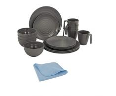 Moritz Melamin Geschirr Set für 4 Personen 16 Teile + 1x Mikrofasertuch Spültuch Geschirrtuch blau Campinggeschirr Tafelservice Tafelgschirr Grau Stone/Stein Optik