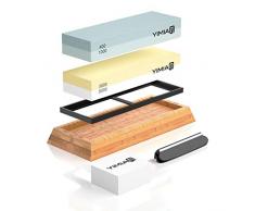 Abziehstein Schleifstein Set, YIMIA 2-in-1 Wetzstein mit 400/1000 3000/8000 Körnung, Abziehstein für Messer inkl. Gummi-Steinhalter sowie Bambus Basis und Messer-Halter und Läppstein