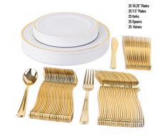 125-teiliges Kunststoffteller & Besteck Set Service für 25 Gäste, 25 Einweg-Platzsets mit 25 Speisetellern, 25 Salat-/Desserttellern, 25 Gabeln, 25 Messer, 25 Löffel gold