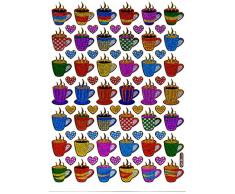 Kaffee Kaffeetasse Tasse bunt Aufkleber 72-teilig 1 Blatt 135 mm x 100 mm Sticker Basteln Kinder Party Metallic-Look