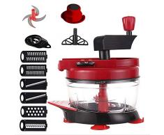 N / A Handkurbel Zwiebelschneider Handbetriebener Gemüseschneider Fleischwolf Obst Mixer 1500 ML Mit 6 Klingen, Eiweißabscheider, Mischzubehör Und Handschutz