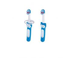 MAM Babys Brush im 2er-Set, Baby Zahnbürste mit kurzem Griff zum einfachen Halten, Kinderzahnbürste zur sanften Zahnreinigung, ab 6+ Monate, blau