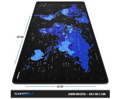 Titanwolf - XXL Gaming Mauspad 900x400 mm - Tischunterlage mousepad groß - Präzision und Geschwindigkeit - Gummiunterseite - rutschfest strapazierfähig wasserabweisend - Weltkarte schwarz blau