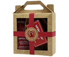 Geschenkset mini unicorn Haarseife + sauer Spülung und Olivenholzschale