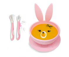 Brunoko Baby schüssel saugnapf + baby löffel Set - babyteller schale rutschfest + gebogener löffel und gabel - BPA-freie Silikon schalen und Utensilien Kleinkinder besteckset- Entwickelt in Spanien