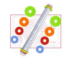 Fixget Edelstahl Nudelholz, Teigroller mit Abstandshalter 4 Verstellbaren Scheiben Ring und Messmarkierung,Nudelholz für Backen Fondant, Kuchen, Pie Crust, Cookie, Pastry Dough(Rodillo + Estera)