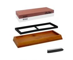 iNeibo Schleifstein Abziehstein 2 in 1 Messerschärfer mit rutschfestem Bambus-Holzsockel, Silikonauflage und Winkelhalter. 3000 8000 Doppel Körnung