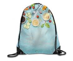 RJ Unique Drawstring Backpack,Salat, Der Besteck Herstellt Und Bestandteile Für Frischen Salat Auf Hellblauen Draufsicht-Zugschnur-Taschen Ankleidet