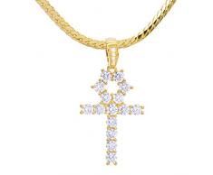 Unbekannt 50,8 cm Miami Kubanischen Kette & 14 K Vergoldet Iced Out Ankh Kreuz Anhänger Halskette Set BCH 13108 Salatbesteck G
