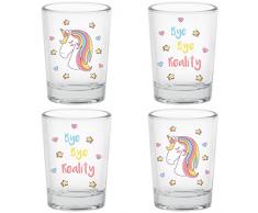 Einhorn Schnapsgläser 5cl Bye Bye Reality 4 Stück Shot-Glas Set lustig mit Geschenk Karton