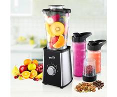 Housmile Mix & Go Standmixer, leistungsstarker Smoothiemaker mit Edelstahlmesser, zwei BPA-freie Tritan Trinkflaschen und extra Mahlbecher, 300 W, spülmaschinenfester Miniblender, Silber-Schwarz