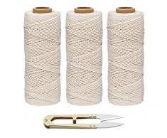 ilauke Bäcker Bindfäden, 300m 3-lagig Baumwollgarn mit Edelstahl Schere für Backen, Fleisch Binden, Würstchen Machen, DIY Handwerk (3 Rolle x 100m, Beige)