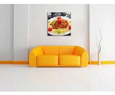 Spaghetti Bolognese auf dem Teller B&W Detail, Format: 60x60 auf Leinwand, XXL riesige Bilder fertig gerahmt mit Keilrahmen, Kunstdruck auf Wandbild mit Rahmen, günstiger als Gemälde oder Ölbild, kein Poster oder Plakat