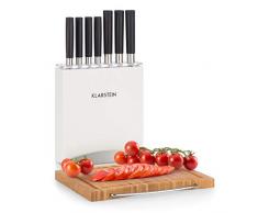 Klarstein Kitano Plus Messer-Set - 9 tlg. Set mit Holzblock und Bambus-Schneidebrett, 7 Präzisionsklingen im japanischen Design, weiß