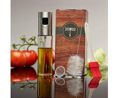 Spoonio Ölsprüher für Speiseöl - inklusive Premium Ölpinsel, Reinigungspinsel und Trichter - hochwertiger Öl- und Essigsprüher mit feinem Sprühnebel - optimaler Küchenhelfer Ölspender 100ml(Edelstahl)
