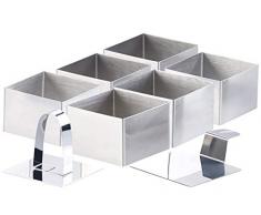 Rosenstein & Söhne Backrahmen: 6 Dessert-/Speiseringe 7,5 x 7,5 x 5 cm, eckig, mit Heber & Stampfer (Edelstahl-Dessertringe)