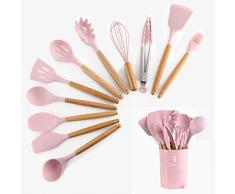 HENSHOW Küchenhelfer Set Silikon, 12-teilig Küchenutensilien Mit Utensilienhalter - Antihaft-Anti-Kratz-Kochgeschirr Küchenhelfer mit Holzgriff (Pinke Farbe)