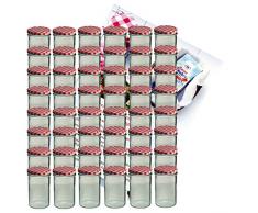 MamboCat 48er Set Sturzglas 435 ml Marmeladenglas Einmachglas Einweckglas to 82 rot Karierter Deckel incl. Diamant-Zucker Gelierzauber Rezeptheft