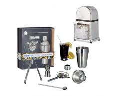 Relaxdays 6 TLG. Cocktail-Mix-Set, Eiscrusher Maschine manuell, Shaker, Barlöffel, Abseiher, Zange, Barmaß, Silber