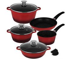 Kochtopf Set Marmor 10tlg mit Farbauswahl Topfset Aluguss Kochtöpfe Töpfe Topf Set Schmortopf Pfanne (Rot)