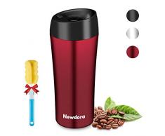 Newdora Thermobecher - 380ml Kaffeebecher to go, Edelstahl Isolierbecher, Reisebecher, BPA-Frei, hält 5h heiß/ 9h kalt, 100% dicht, auslaufsicher, Easy Quick-Press-Verschluss, Schwarz, Rot
