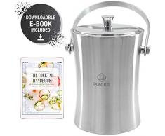 DOMHUS 2,0L Premium Eiswürfelbehälter mit Deckel und Zange | Edelstahl Eiseimer Doppelwändiger Isolierter Eisbehälter aus Edelstahl mit Tragegriff | Silber Matt