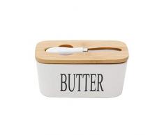 Dyna-Living Butterdose Porzellan Butter mit Messer und Holzdeckel für 250g, Weiß, 16.5 x 10 x 7.5 cm
