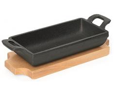 getgastro Rechteckige Mini Servierpfanne aus Gusseisen - mit Holzuntersetzer, Griff mit Aufhängeöse / 15 x 7,7 x 3,2 oder 18 x 9,5 x 3 cm (A2-18 x 9,5 x 3 cm)