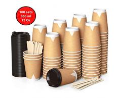 100 Gewellt Kraft Pappbecher 360 ml Coffee To Go 12 Oz mit Deckel und Holz Rührstäbchen Zum Servieren von Kaffee, Tee, Heißen und Kalten Getränken