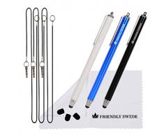 The Friendly Swede Eingabestift Touchstift Stylus Stift (3er-Set) für Tablett und Handy, mit dünnerer Spitze, Ersatzspitzen, Anhängern und Reinigungstuch (Schwarz/Blau/Weiss)
