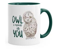 MoonWorks Kaffee-Tasse Eule Owl I Need is You Liebe Spruch Geschenk Valentinstag Weihnachten Ehe Partnerschaft grün Unisize